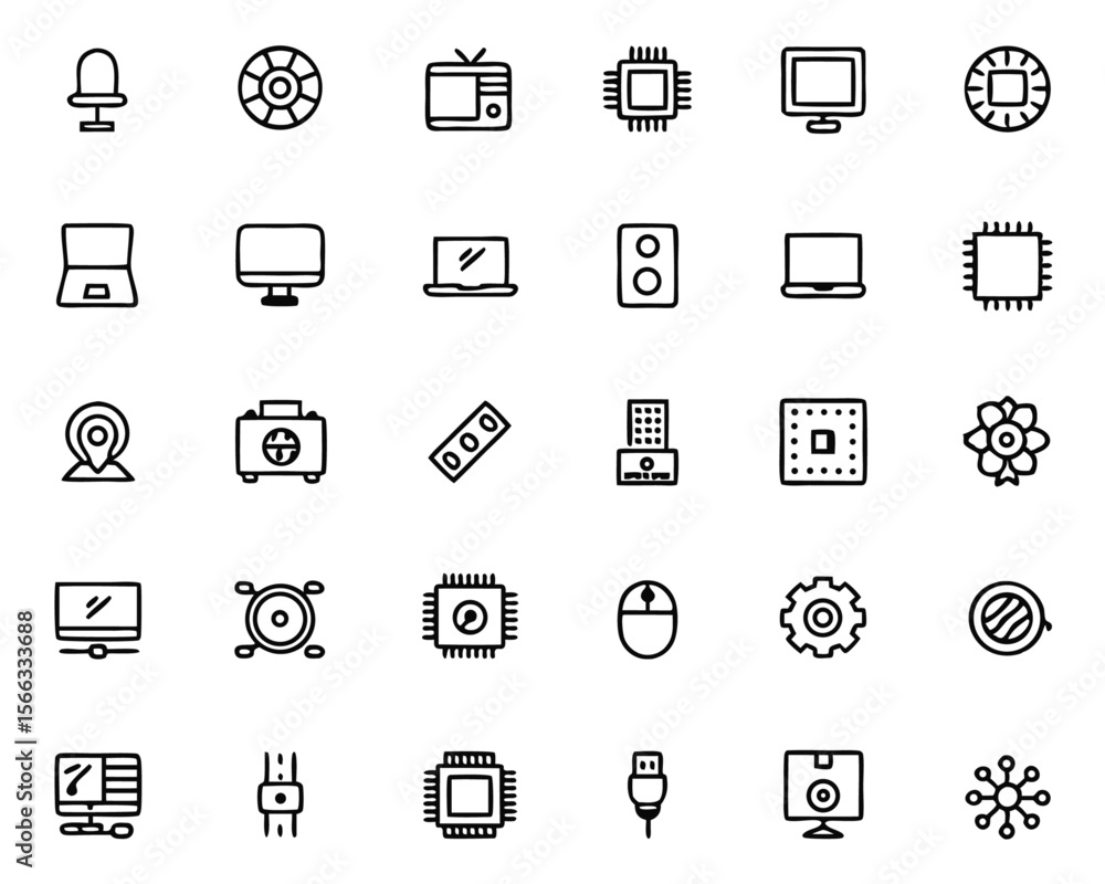 Poster comprehensive collection of digital technology and computer hardware symbols presented in a clean mo