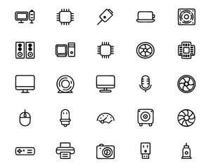 Clean and modern line graphics representing essential computer hardware components and peripherals for digital projects
