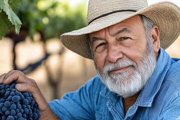 Fototapeta premium Winemaker inspects grapes for harvest in a bustling vineyard