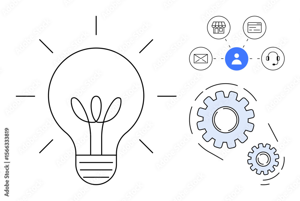 Poster light bulb symbolizes innovative thinking, gears represent teamwork and process, user icon with comm