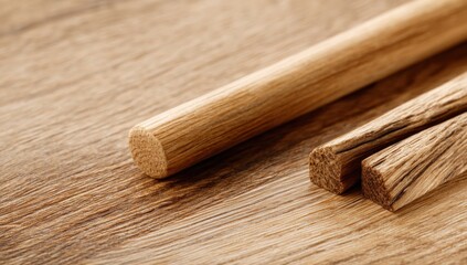 Close-up of three wooden dowels and wooden surface showcasing natural wood grain texture and smooth cylindrical shapes for craft or woodworking projects