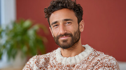 A smiling man in a cozy sweater, radiating warmth and comfort in a stylish indoor setting.