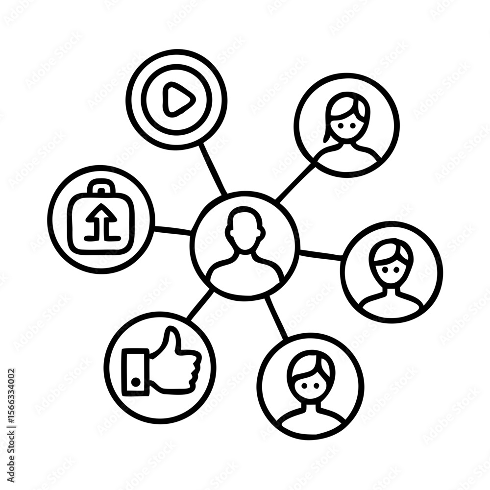 Aufkleber social network connection icon with user profiles, line art icon showing a central user linked to va