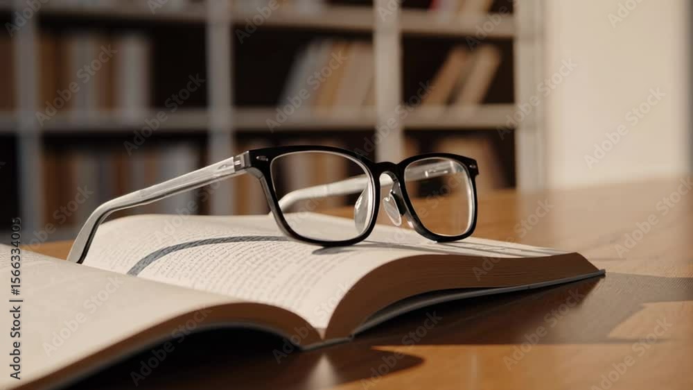 Poster Sunlight illuminates eyeglasses placed on an open book on a wooden table, with a blurred library bookshelf in the background, creating a peaceful learning atmosphere
