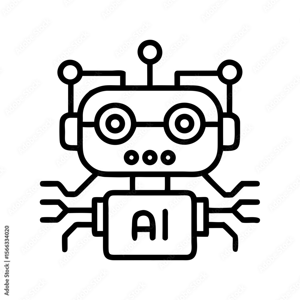 Poster artificial intelligence robot icon with ai label, black line art icon of a robot with antennas and “