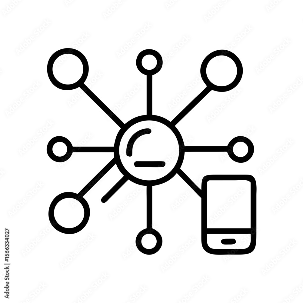 Poster smartphone network hub icon with connected nodes, black line icon showing a central hub linked to mu