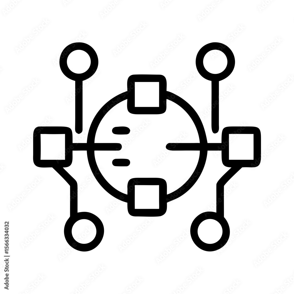 Poster abstract network connection icon with circular hub, minimal line art icon showing a central circle l