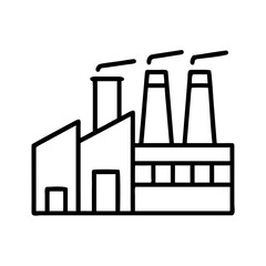 Industrial factory icon with chimneys and smoke, Black line art of a factory building with tall chimneys emitting smoke, representing industry, manufacturing, and production facilities.

