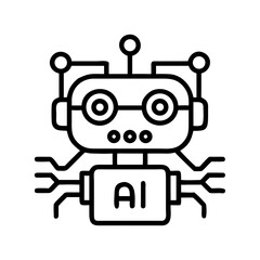 Artificial intelligence robot icon with AI label, Black line art icon of a robot with antennas and “AI” text, symbolizing artificial intelligence, robotics, and futuristic technology.
