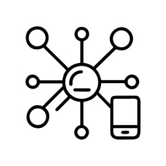 Smartphone network hub icon with connected nodes, Black line icon showing a central hub linked to multiple nodes and a smartphone, symbolizing mobile connectivity and digital networks.
