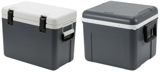 Gray portable cooler with white lid and handles on transparent background