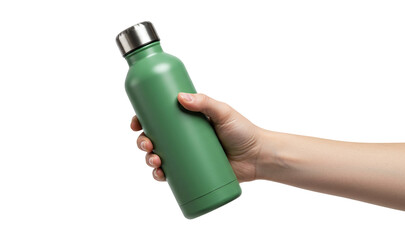 Hand holding green thermos steel water bottle mockup isolated on a transparent background