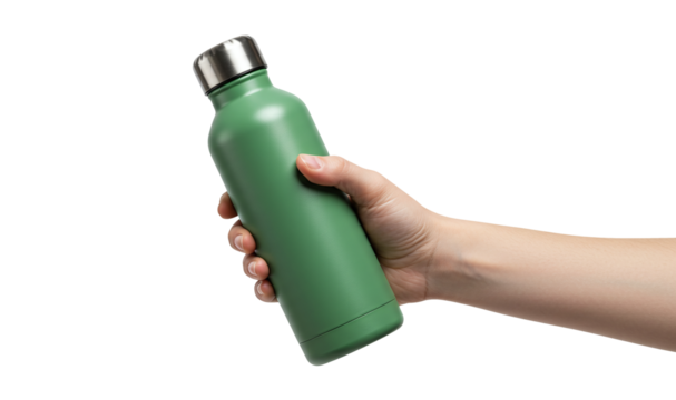 Hand holding green thermos steel water bottle mockup isolated on a transparent background