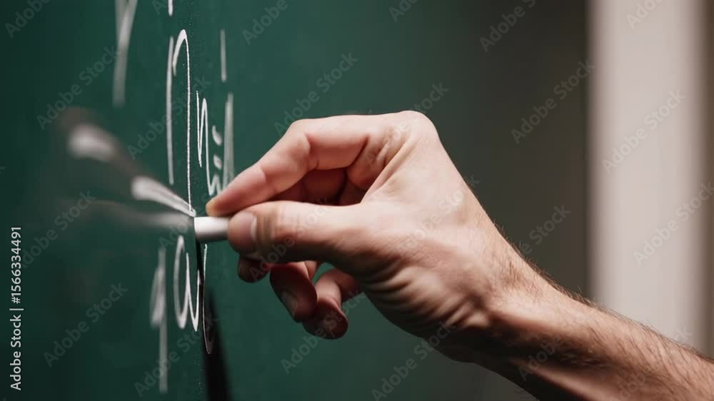 Poster Experienced educator writing mathematical formula by hand on green chalkboard, demonstrating academic learning process with focused precision in classroom learning environment