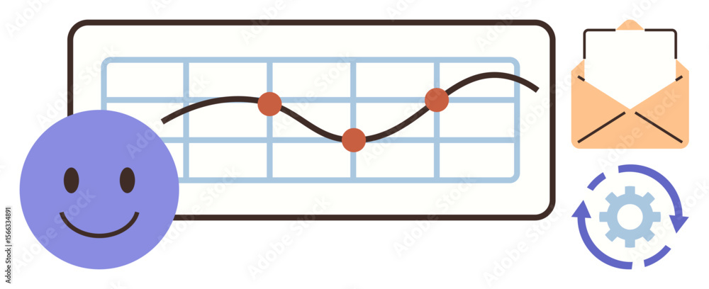 Poster line chart with grid and red data points, smiling face for feedback, envelope icon for communication