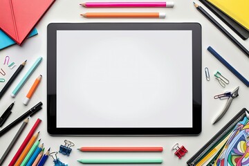 Clear Pixel Visual of Mock Up Tablet Surrounded by Desk Supplies