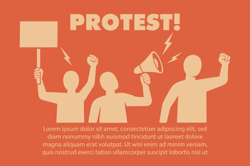 Protest vector illustration with people holding signs and megaphone in flat minimalist style