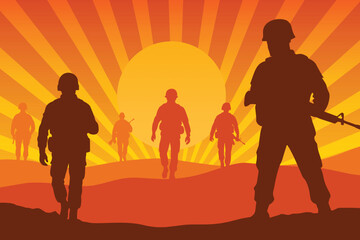 Military soldiers silhouette walking at sunset in desert landscape vector illustration