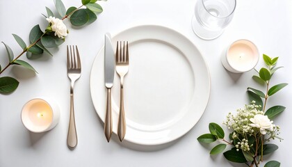 place setting for a wedding party with white background