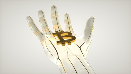The cyber hand holds a bitcoin