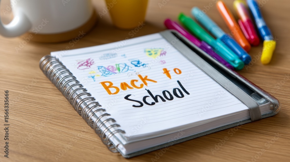 Poster notebook with the words back to school written on it. there are also colorful markers on the table