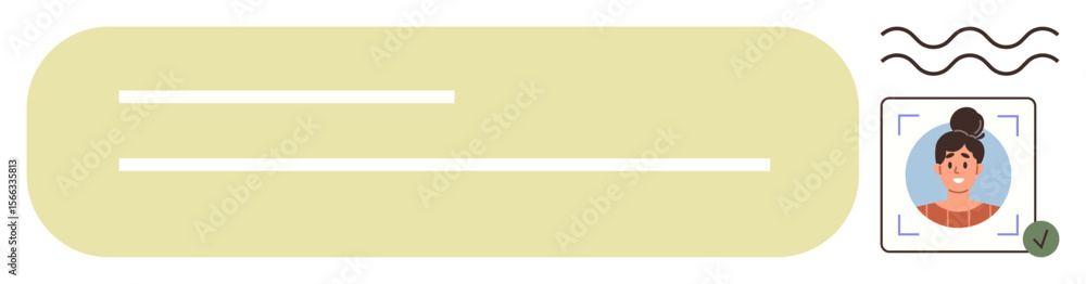 Poster text placeholder box with personal avatar and border scan, approval checkmark, and abstract lines. i