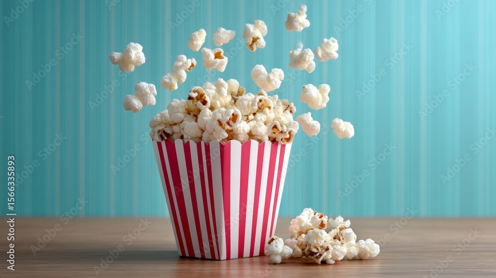 Poster red and white box of popcorn is sitting on a wooden table. the popcorn inside the box is flying out 
