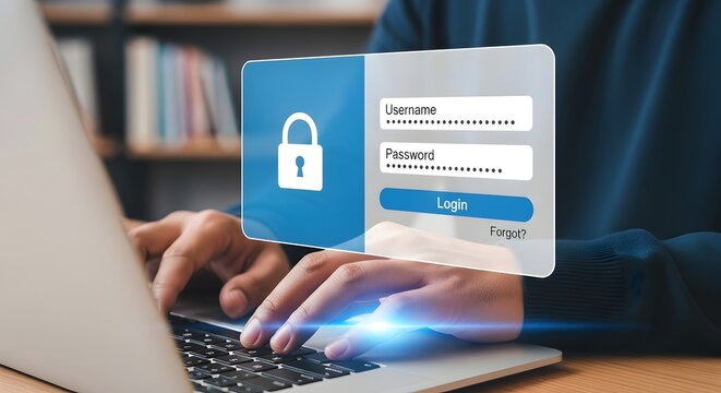 Person logging into a secure online account via laptop,  digital security interface displayed.
