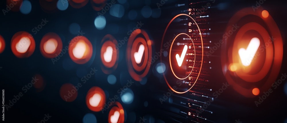 Poster digital checkmarks glowing in a futuristic interface, symbolizing approval, verification, and secure
