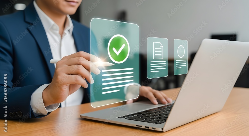 Poster man in suit interacting with digital document icons on a laptop screen, showing approval and file ma