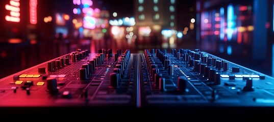 A professional DJ mixer on the right, defocused nightclub background