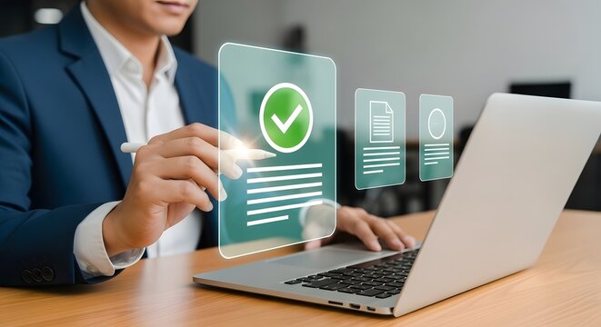 Man in suit interacting with digital document icons on a laptop screen, showing approval and file management. - Powered by Adobe
