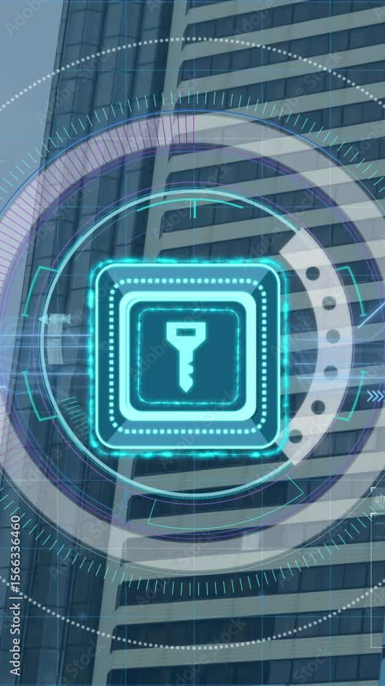 Poster animation of security key and data processing over modern building