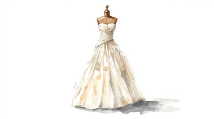 Watercolor depiction of ivory bridal gown draped over mannequin with delicate folds and soft shading on white backdrop