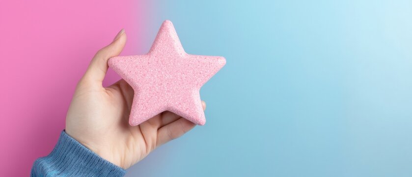 A hand holds a pink star-shaped bath bomb against a pastel pink and blue background.