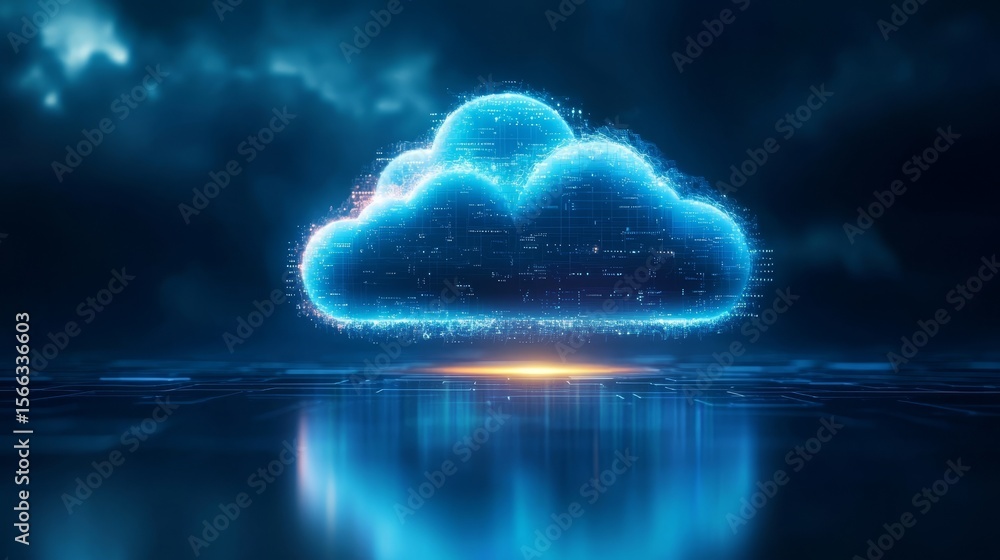 Poster a glowing digital cloud floating above a reflective surface in a dark, futuristic environment, symbo
