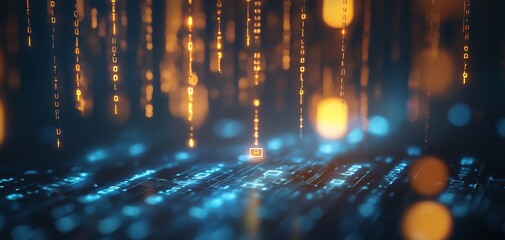 A glowing digital matrix with cascading golden code streams and illuminated data points on a dark blue background, evoking futuristic technology and data flow.