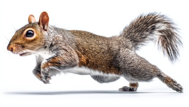 Wide-angle detailed image of a cute alert gray squirrel running with bushy tail on a plain white background isolated for wildlife or nature photography use