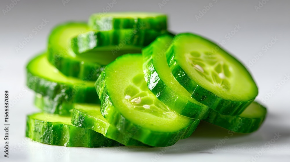 Poster pile of cucumber slices on a white surface. the slices are cut in half and arranged in a stack. conc