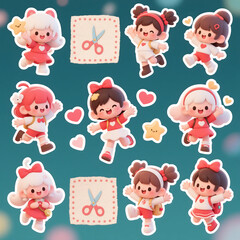 Fototapeta premium Charming chibi character sticker sheet with red, white, and pastel tones, joyful poses, kawaii 3D-style design, dotted borders, handmade paper texture, perfect for scrapbooking and crafts