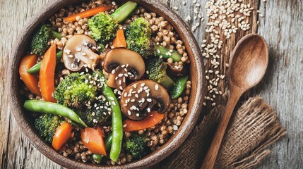 A bowl with cooked buckwheat, carrot, broccoli, mushrooms and sesame seeds on wooden table