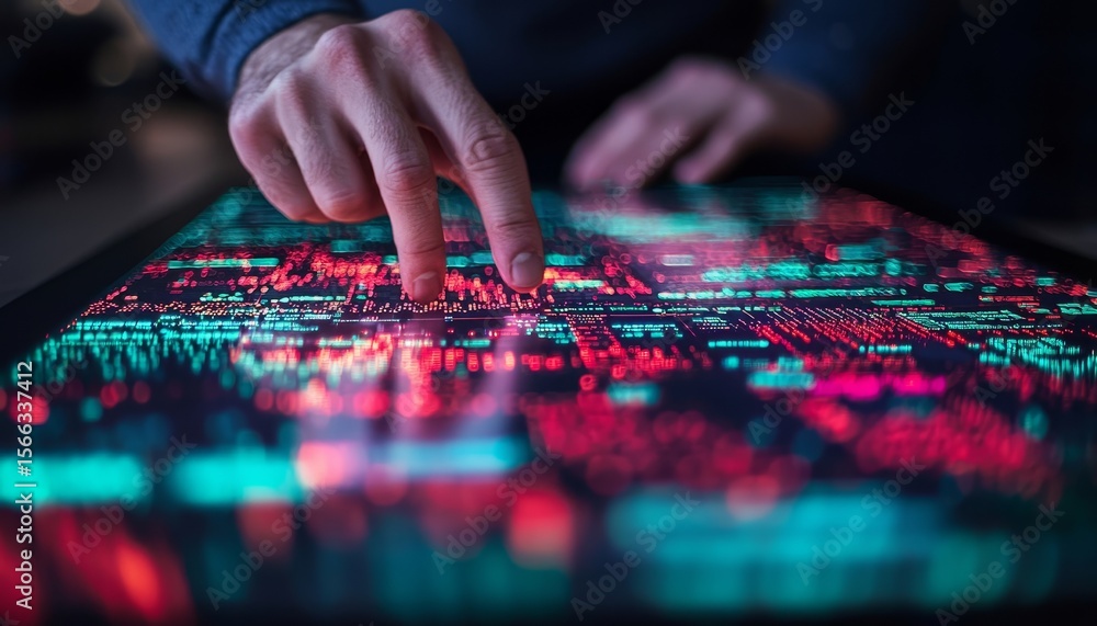 Poster a person interacts with a large touchscreen displaying colorful, complex digital data and code, symb