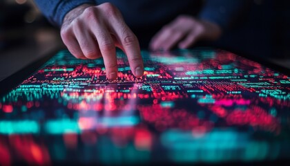A person interacts with a large touchscreen displaying colorful, complex digital data and code, symbolizing cybersecurity or IT operations.