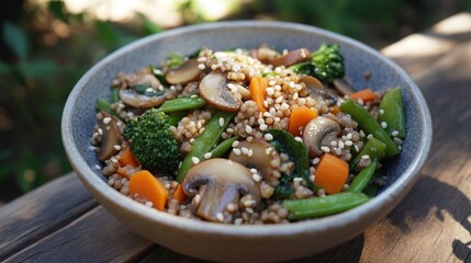 cooked buckwheat with carrot, broccoli, mushrooms and sesame seeds in ceramic bowl on wooden table