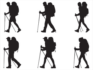 Naklejka premium Silhouettes of hikers with backpacks and trekking poles walking against a white background