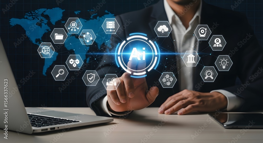 Poster businessman interacts with a digital interface, showcasing global network connectivity and data secu