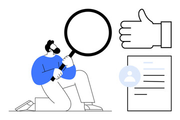 Man analyzing document with a magnifying glass, profile icon, and thumbs-up symbol. Ideal for recruitment, success, approval, analysis, evaluation, research simple landing page
