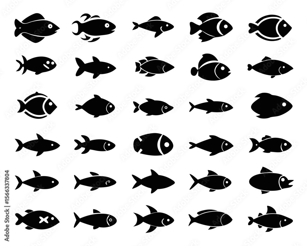 Poster collection of stylized aquatic creatures featuring vibrant colors and clean lines presented on a pla
