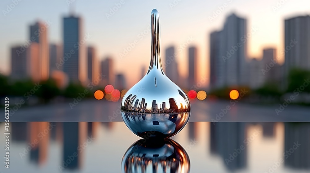 Poster silver object is sitting on a table in front of a city skyline. the reflection of the object in the 