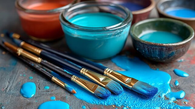 Set of paintbrushes and paint tubes are laid out on a table. The tubes are blue and red, and the brushes are blue. Scene is creative and artistic